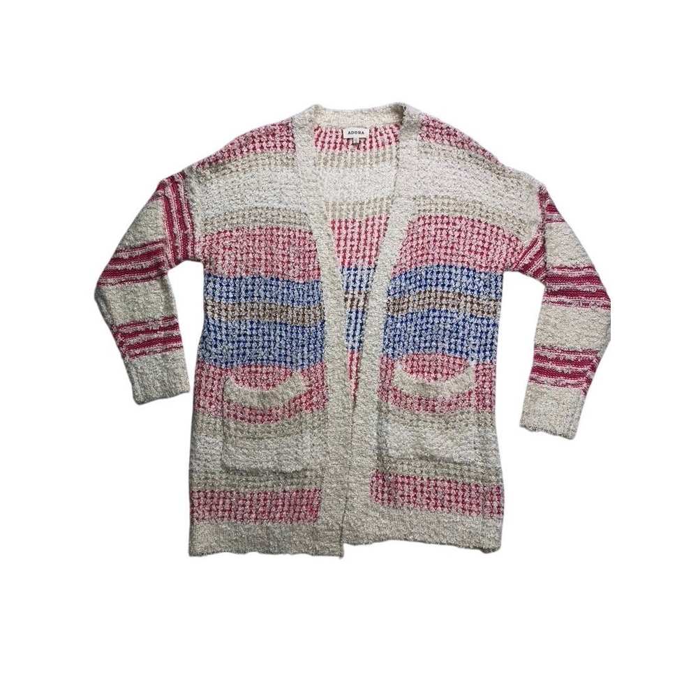 Adora Womens Plus 1X 2X Striped Popcorn Knit Open Front Cardigan Pockets‎ Multi